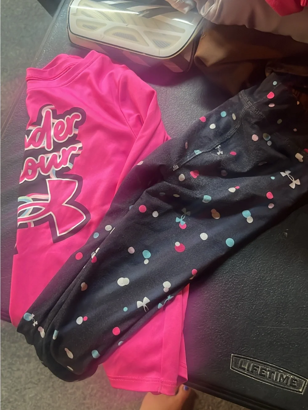 Under Armour Black Leggings with Pink, Blue & White Polka Dots